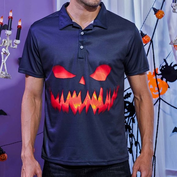 Unbranded Other - Men's Lapel Shirt Halloween Elements 3D Printing Short Sleeve Polo Shirt Top